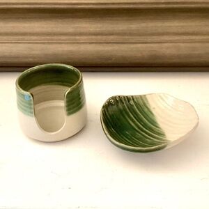 Studio Pottery 2 Ps Set Green Tone Soap Dish Spunge Or Toothbrush Holder